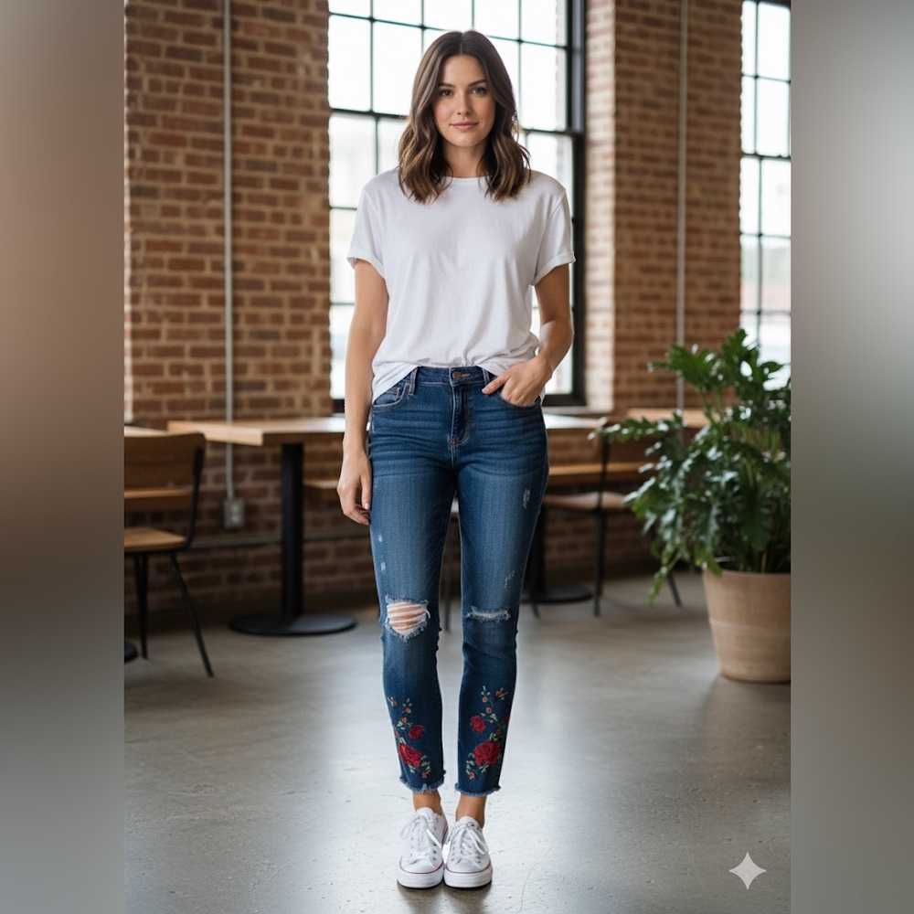 DRIFTWOOD Jackie Rose Floral Embroidered Distressed Mid-Rise Skinny Jean Size 30 - Picture 12 of 12